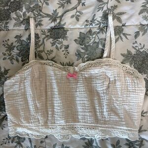 White Lace Crop Tank with Pink Bow
